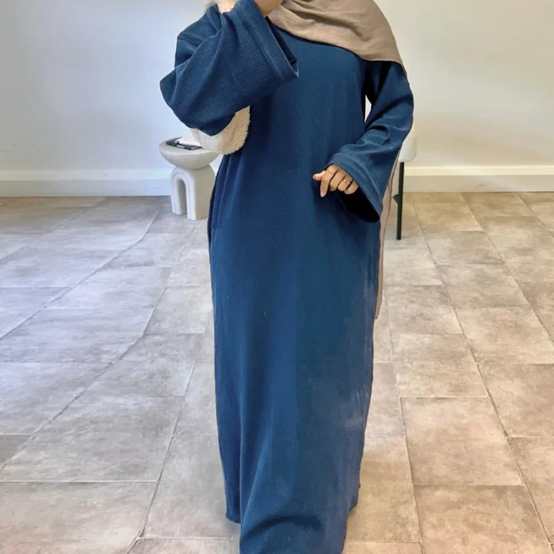 Warm Corduroy Abaya Dress – Modest Muslim Winter Coat, Dubai Turkey Islamic Robe
