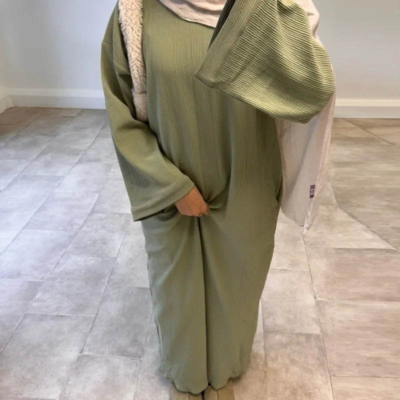 Warm Corduroy Abaya Dress – Modest Muslim Winter Coat, Dubai Turkey Islamic Robe
